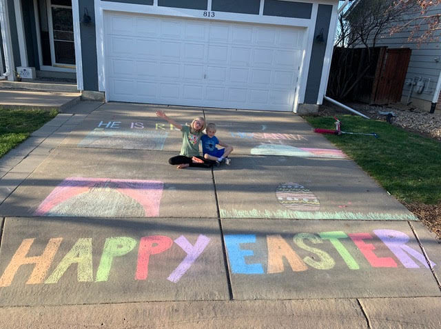 happy easter chalk art in driveway